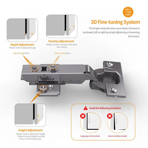 3D adjustment guide for Frameless Full Overlay Soft Close Concealed Cabinet Hinges 20 Pack Black Titanium Plated