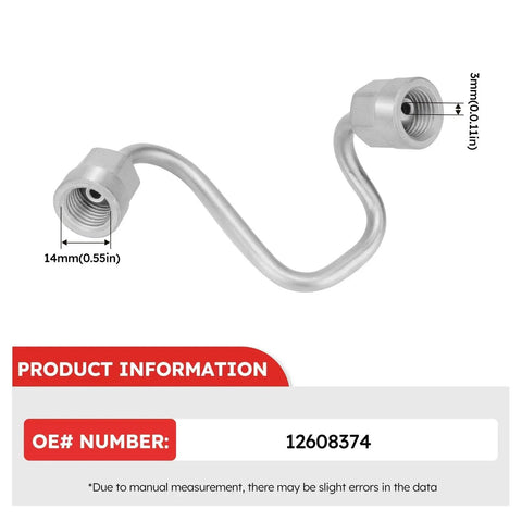 Intermediate High Pressure Fuel Feed Pipe From Pump To Rail For 2010-2017 Chevy Equinox Impala Malibu Orlando Captiva Sport Buick Lacrosse Regal Verano Buick Allure GMC Terrain Plug And Play Direct Fit Fuel Line Upgrade, part number 12608374, with dimensions shown.