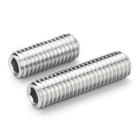 Set Screws 1/4-20 Inch, 304 Stainless Steel 18-8 Cup Point, Internal Hex Drive Allen Screws, side view of two screws