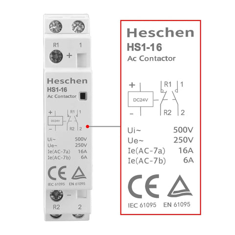Household AC Contactor HSR1-16 16A 2 Pole 2NC with 24V DC Coil, front view showing specifications and CE TUV listing