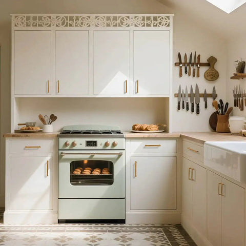 10 Pack Antique Brass Cabinet Pulls Square Design With Five Inch Center To Center About Five And Two Fifths Inches Long Solid Zinc Alloy Kitchen Cabinet Handles Polished Gold Drawer Pulls Hardware on white kitchen cabinets above a vintage-style oven.
