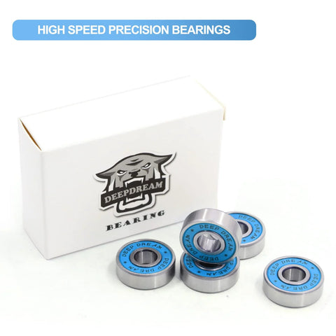 Five Deep Dream 608RS skateboard bearings with blue double rubber seals, chrome steel