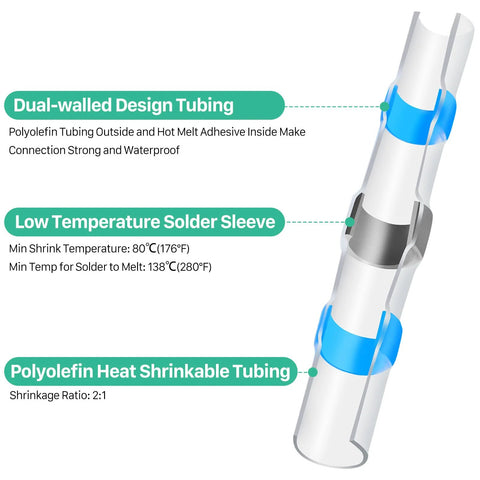 YNZDRWA 200pcs solder seal wire connectors kit with heat-shrink butt terminals, blue polyolefin tubing, waterproof