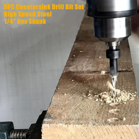 Top Notch Wood Countersink Drill Bit Set With Five Sizes Four Six Eight Ten Twelve For Woodworking Quick Change One Quarter Inch Hex Shank And Allen Wrench From Newdeli Handles Countersinks Like A Pro drilling into wood