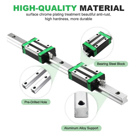 Two HGR20 200mm Linear Guide Rails With Four HGH20CA Carriage Blocks, chrome plated steel, shown with bearing blocks and pre-drilled holes.