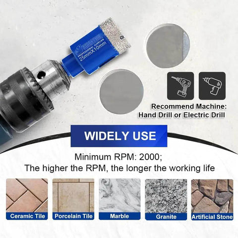 Diamond Core Bits Three Eighths Inch Set 10mm For Porcelain Tile Marble Ceramic Granite And Brick Dry And Wet Drilling With Triangle Shank For Hand Drill And Bench Drill Five Piece Set Pro Grade displayed with various materials
