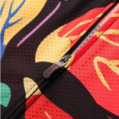 Close-up of colorful abstract pattern on fabric with zipper detail