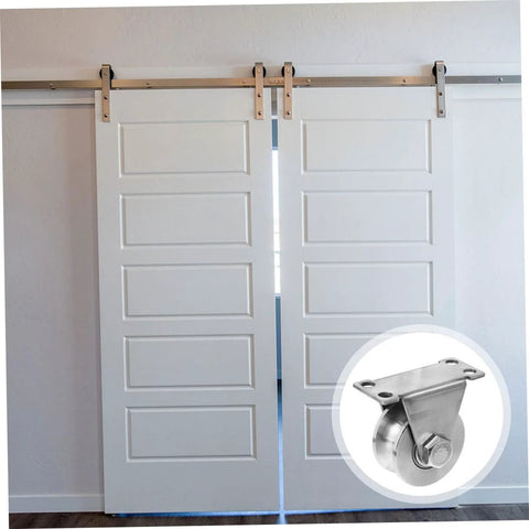 Stainless Steel Sliding Door Rollers Set For Heavy Duty U Groove Tracks With Double Bearings, installed on white doors.