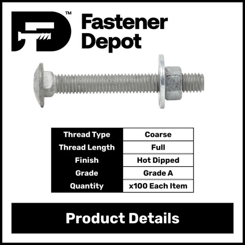 3/8-16 Inch Fully Threaded Carriage Bolt Kit For Exterior Use, Hot Dipped Galvanized, Commercial Grade 307A With 100 Sets