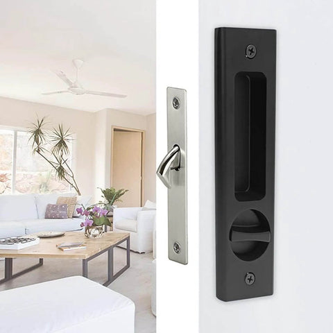 6.3 Inch Privacy Pocket Door Lock Hardware With Key for double barn doors, matte black zinc alloy, installed view