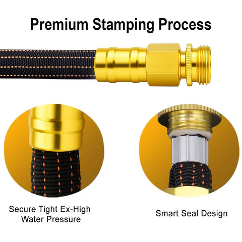 25ft orange-black braided garden hose with solid brass fittings and brass connector close-up.