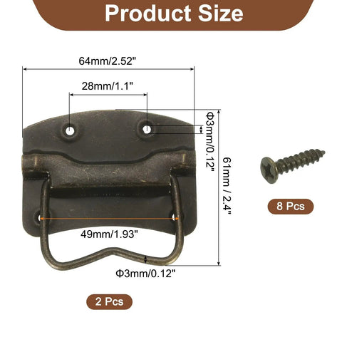 2-Pack 64 x 61mm Bronze Side Ring Chest Pull Handles For Wooden Boxes And Tool Cases With Screws and Size Diagram