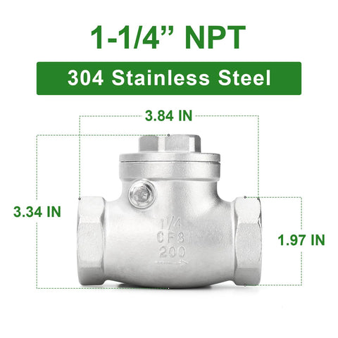 1-1/4 in NPT female swing check valve, 304 stainless steel, backflow prevention, one-way valve