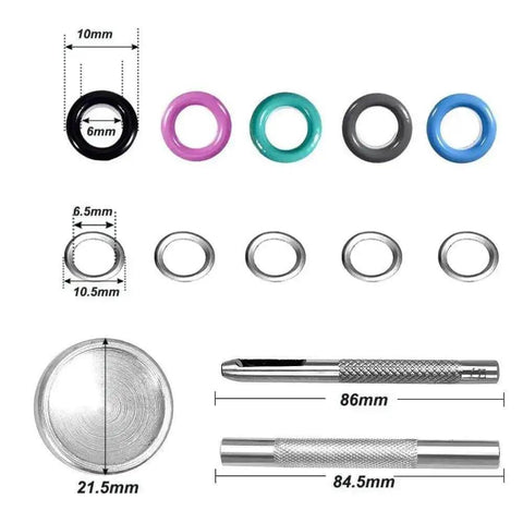 300 Set 6mm Colorful Grommets Eyelets Kit With Metal Eyelets And Installation Tool shown with dimensions and tool measurements