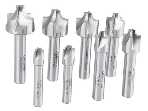 Corner Rounding End Mill Set Pro Grade HSS Right Hand Cut 1 16th to 3 8th Inch 8 Pc Form Relieved Sharpenable shown in silver