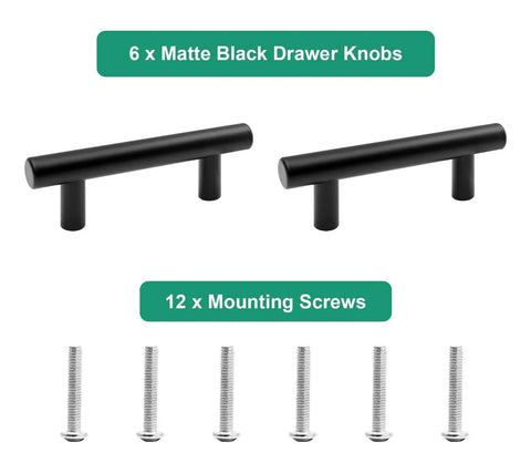 Six Pack Matte Black Drawer Pulls Set With Two And One Half Inch Hole Centers 64mm And Overall Length Three Point Nine Five Inches 100mm Stainless Steel Cabinet Handles For Kitchen Cabinets And Drawers Includes Twelve Mounting Screws