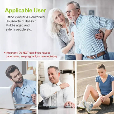 Images depicting people in various settings experiencing shoulder and knee discomfort, illustrating use of the Rechargeable TENS Unit Muscle Stimulator With 24 Modes 4th Generation Pain Relief Device For At Home Comfort And Fast Relief Includes 8 Premium 2 By 2 Inch Electrode Pads And USB Charging Cable AUVON.