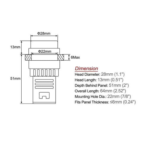 Technical drawing of Red Green Dual Color Indicator Light 24 Volt Dual Power, showing 22mm panel mount size and dimensions.