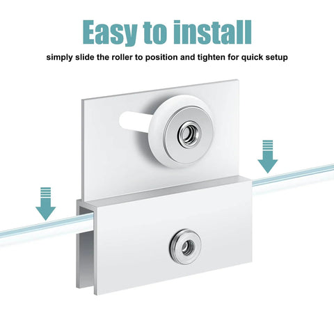 4 Pack Top Bracket Roller Assembly For Frameless Shower Doors With Three Quarter Inch Ball Bearing Wheel Extruded Aluminum Chrome Finish Adjustable Fit For Glass Up To Quarter Inch Replacement Hardware Kit For Sliding Doors installed view
