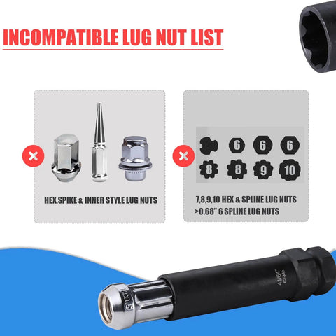 Incompatible lug nut list with 2 Piece 6 Spline Lug Nut Socket Set For Locking Lug Nuts Removal Kit. Shows hex, spike, and spline types.