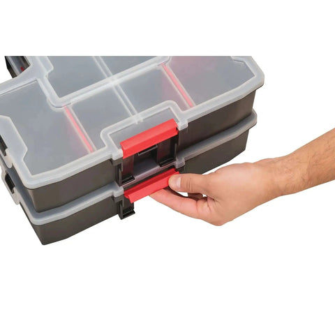 Hand locking a 14 Compartment Storage Organizer With Removable Dividers For Customizable Small Parts And Tools Stackable With Side Latches And Interlocking Lid