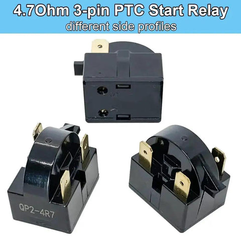 Three views of 4.7 Ohm 3 Pin PTC Start Relay with Overload Protector for Refrigerator Replacement Parts, black casing, gold pins.