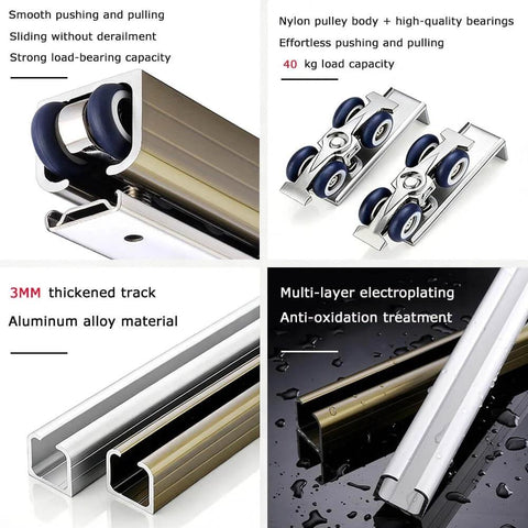 Concealed Track Barn Door Kit With Silent Aluminum Rail And Stainless Steel Rollers For Indoor Or Exterior Use components.