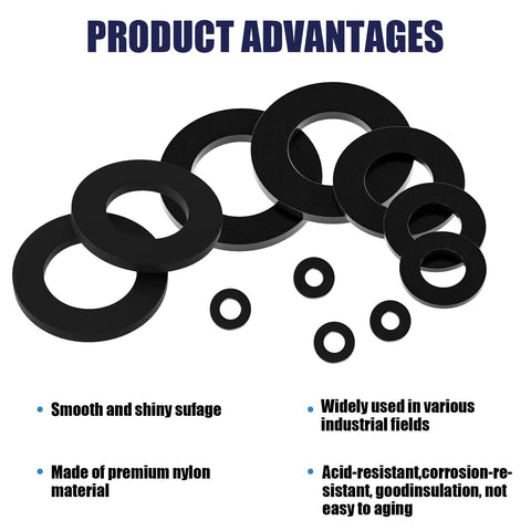 900 Piece Nylon Flat Washer Assortment Kit With Black Plastic Washers For Bolts And Screws M2 Through M12 Ideal For Home And Workshop Use On The Job Site, showing various sizes