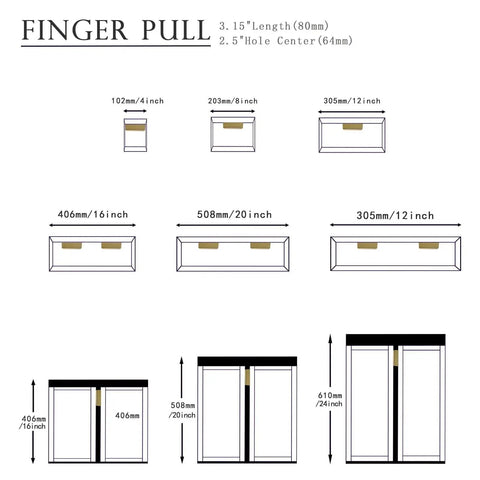 Diagram of cabinet sizes showing placement of gold adhesive edge finger pulls, 5 pack, 3.15 inch hidden finger edge pulls for cabinets.