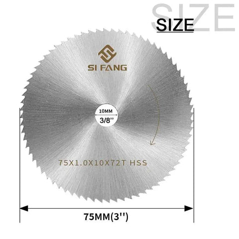 Front view of Three Inch HSS Circular Saw Blade With Three Eighth Inch Arbor 72 Tooth Multi Material Cutter, showing dimensions and branding.