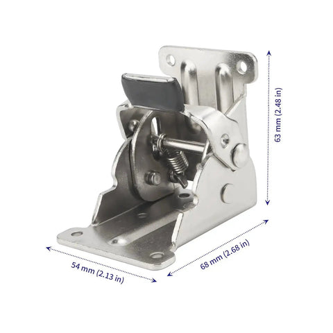 12 Piece Self Locking Folding Table Leg Brackets With 0 To 90 Degree Adjustable Hinges And Screws For Heavy Duty DIY Workbenches, Steel Folding Locking Hinges, 500 Lb Max Load Capacity, Silver Finish, shown from side with measurements.