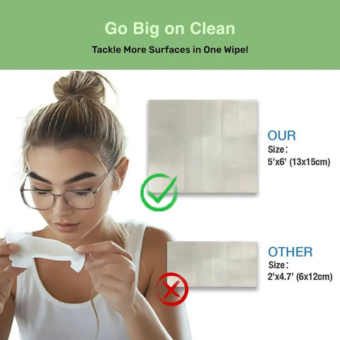 Woman using Optix Lens Cleaning Wipes Pre Moistened For Glasses and Screens Streak Free Safe, size comparison with other wipes.