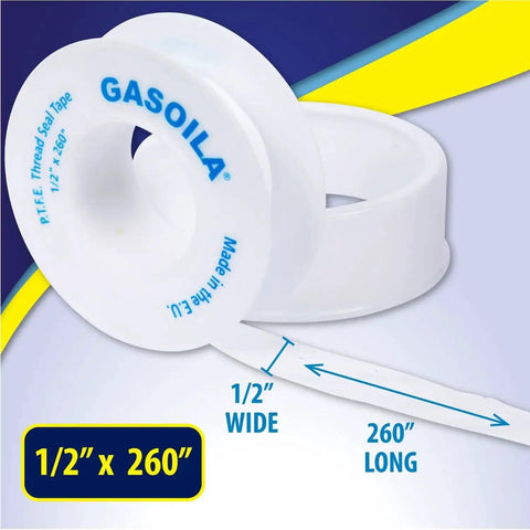 Pro Grade PTFE Thread Seal Tape Half Inch by 260 Inch For Plumbing And Water Lines, Leak Proof Seal, shown with size dimensions