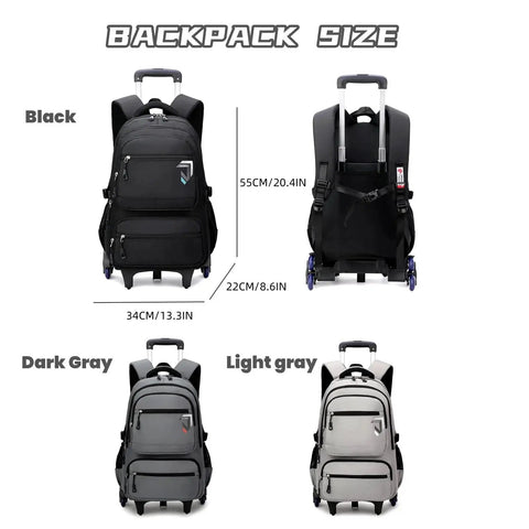 Boys Rolling Backpack With Wheels For School in black, dark gray, and light gray, showing front and back views with dimensions.