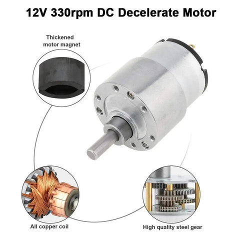Close-up of 12V 330rpm DC decelerate motor for 4WD Mecanum Wheel Robot Car Chassis Kit with detailed internal components shown