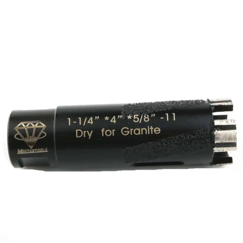 Dry Diamond Core Drill Bit For Granite Quartz And Engineered Stone One And One Quarter Inch With Five Eighths Inch Eleven Thread Arbor 105 Millimeter Length Vacuum Brazed Diamonds For Fast Smooth Holes Pro Grade Quality, product side view