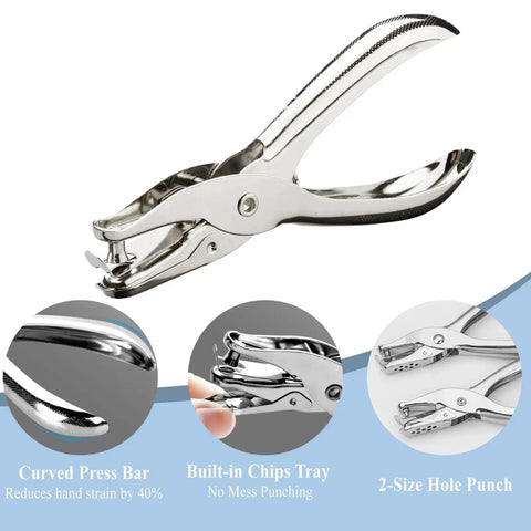 Dual Size Metal Hole Puncher For Office And Crafts with two punch heads, compact design, shown with close-up of features.