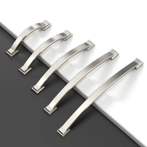 10 Pack Brushed Satin Nickel Cabinet Pulls With 4 Inch Hole Centers Arch Style Handles shown in various sizes on white and black surface