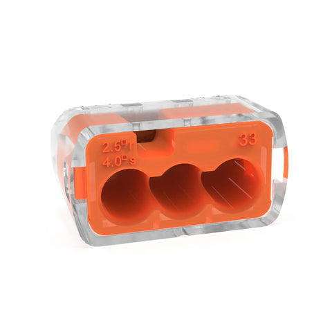Ideal Electrical in-Sure 3-Port push-in wire connector, orange insert in clear housing