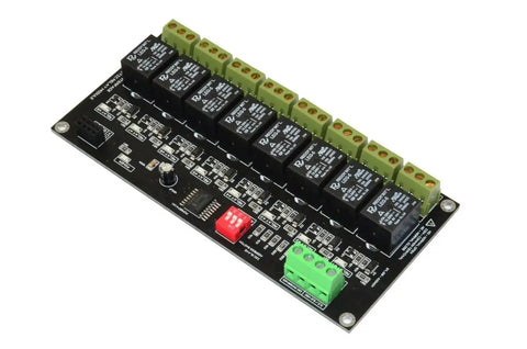 Eight Channel I2C Relay Module for Arduino Raspberry Pi ESP32 and Home Assistant with LED indicators, SPDT contacts, close-up view
