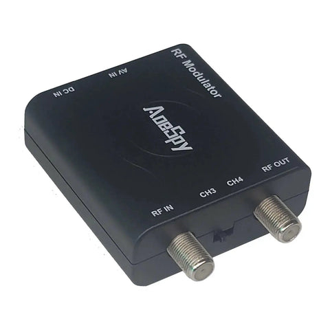 RF Modulator For AV To Coax Output With Channel 3 4 Switch, black device, RF in and out ports, ideal for old school gaming and set-top boxes.