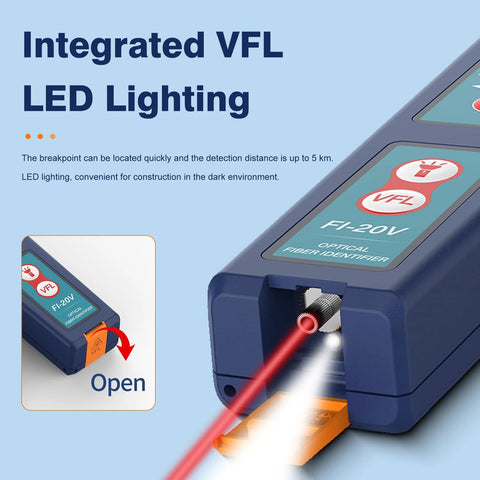 Amazon optical fiber identifier with built-in VFL LED lighting, blue handheld unit for 0.25/0.9/2.0/3.0 fiber.