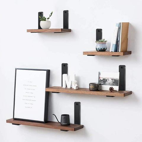 Floating shelves on wall using Four Pack L Shaped Shelf Brackets 6 Inch Long by 4 Inch High by 1.5 Inch Wide 5mm Thick Matte Black Iron.