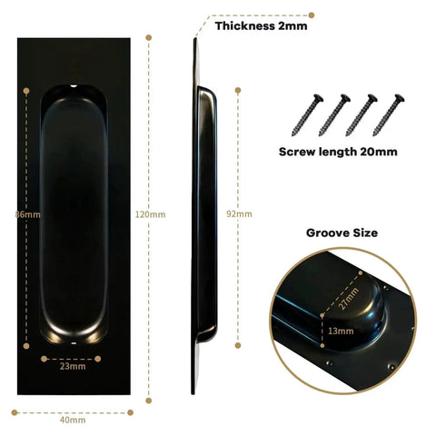 Matte Black Pocket Door Hardware Set With Two Recessed Flush Finger Pulls And One Edge Pull Stainless Steel 304 Finish