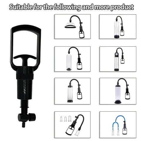 Ergonomic Vacuum Pump Handle With Quick Release Valve for Suction Rod Pumps, textured grip, black plastic, various setup images