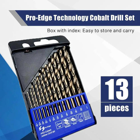 13 Piece Cobalt Drill Bits Set M35 HSS With 135 Degree Tips for Hardened Metal Stainless Steel Cast Iron Wood and Plastic