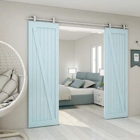 Installed 9.6Ft Top Mount Sliding Barn Door Hardware Kit In Satin Brushed Stainless Steel with blue doors, T Style, Quiet Glide.