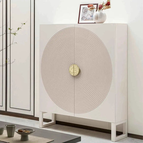 Elegant cabinet with decorative concentric design and gold handle, showcasing Auspicious Chinese Pattern Hardware for Classic Home Renovation.