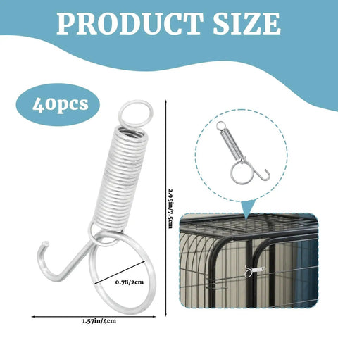 40 Pack Metal Finger Spring Latch Hooks For Rabbit Cages Dog Crates Cat Doors, showing size and hook details with dimensions