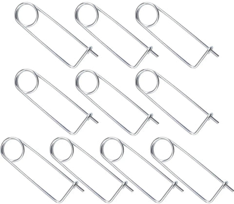 10 Piece Brooch Shape Cotter Safety Pins In Galvanized Carbon Alloy Steel With Heavy Duty Quick Lock Spring Design displayed